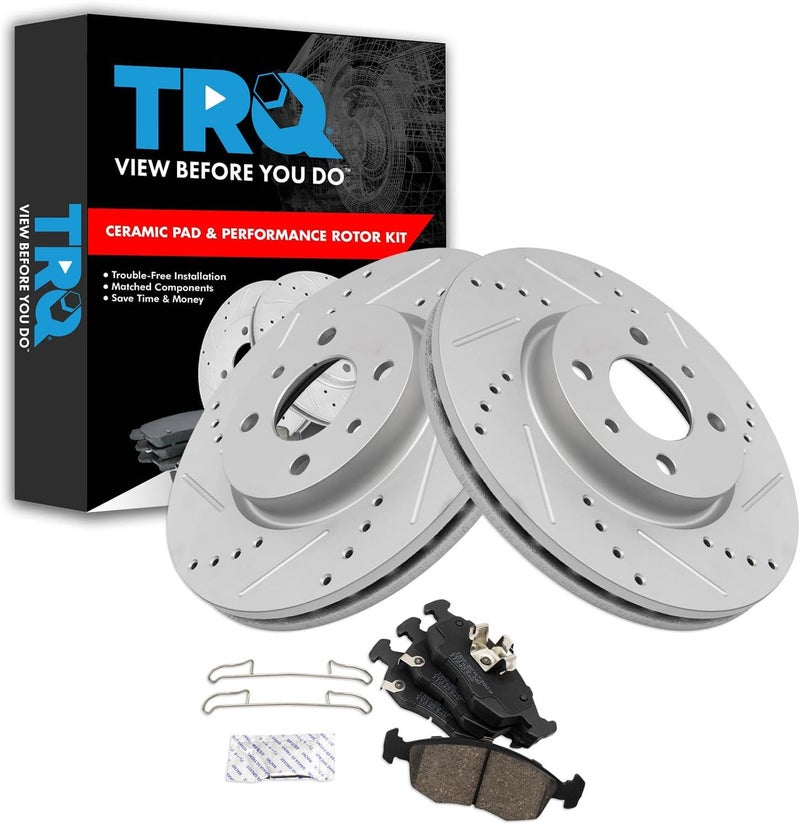 TRQ Front Brake Pad and Rotor Set Ceramic Drilled Slotted G Coated Rotors Compatible with 2012-2017 Fiat 500 - Image 1